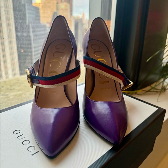 NEW Gucci Sylvie Logo Web Stripe Mary Jane Buckle purple Leather Pumps US 6.5 - Picture 4 of 6
